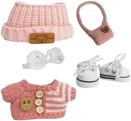 Cloth For 15cm & 17cm Doll,5-Piece Handcrafted Crochet Clothes Outfit For Doll(NO Doll) - Light Pink Clothes + Light Pink Bear-Shaped Velvet Hat + Glasses + Shoulder Bag + White Canvas Shoes 7 Cloth For 15cm & 17cm Doll,5-Piece Handcrafted Crochet Clothes Outfit For Doll(NO Doll) - Light Pink Clothes + Light Pink Bear-Shaped Velvet Hat + Glasses + Shoulder Bag + White Canvas Shoes - Image 7