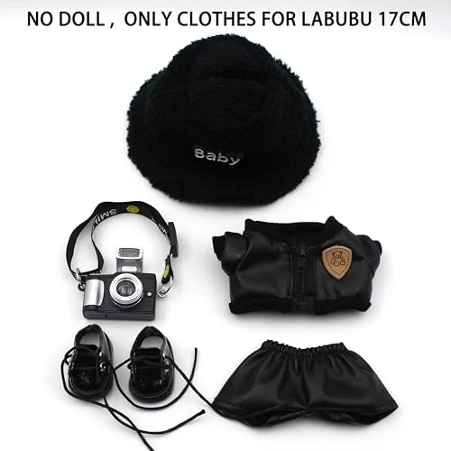 Original Design Doll Clothes Black Whole Set For 17cm Labubu With Hat,Jacket,Pants,Camera,Shoes(NO Doll) 1 Original Design Doll Clothes Black Whole Set For 17cm Labubu With Hat,Jacket,Pants,Camera,Shoes(NO Doll)